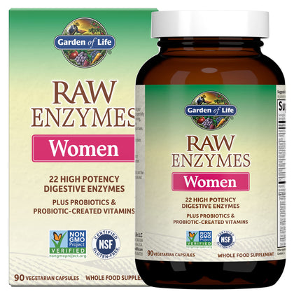 Garden of Life 22 Digestive Enzymes for Women with Bromelain, Papain, Lipase & Lactase Plus Probiotics & Vitamins B12, Biotin & Zinc - RAW Enzymes - Non-GMO, Gluten-Free, Vegetarian, 90 Capsules