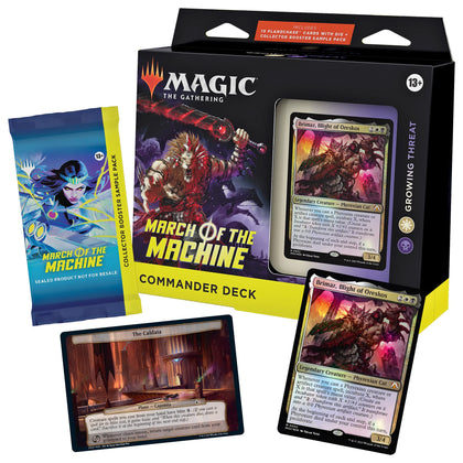 Magic The Gathering March of the Machine Commander Deck - Growing Threat (100-Card Deck, 10 Planechase cards, Collector Booster Sample Pack + Accessories)