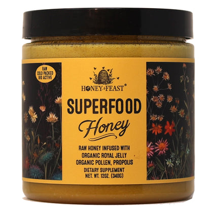 HONEY FEAST Flower Powered Raw Superfood Honey with Royal Jelly, Bee Pollen, Bee Propolis (12 Ounces) Cold packed and hand poured in Florida, USA