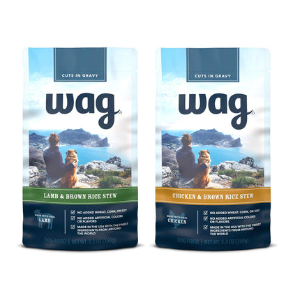 Amazon Brand - Wag Wet Dog Food Topper, Chicken & Lamb Brown Rice Stew in Gravy Variety Pack, 5.3 Oz Pouches (Pack of 24)