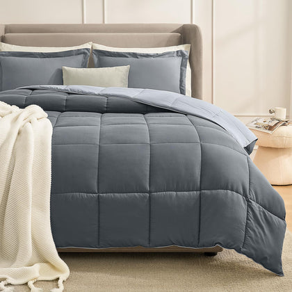 Homelike Moment Queen Lightweight Comforter Set Grey, 3 Piece Soft Reversible Down Alternative Bed for All Season, Breathable Set with Comforter and 2 Pillowcases, Full/Queen Size, Dark/Light Gray