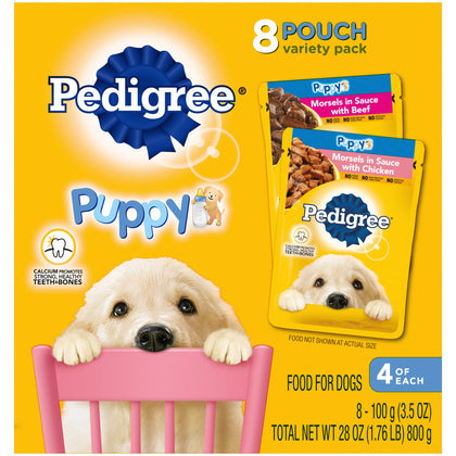 PEDIGREE PUPPY Soft Wet Dog Food 8-Count Variety Pack, 3.5 Oz Pouches, Pack of 2 (16 Total Count)
