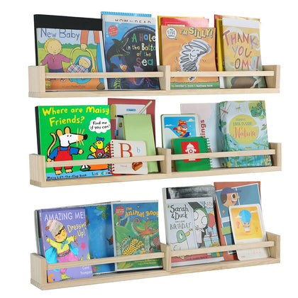 Austin yan Nursery Bookshelves Wall Mounted?32inch?Set of 3, Wood Floating Wall Bookshelf for Kids,Natural Wood Color,Hanging Shelf for Baby Nursery Room Decor, Pine