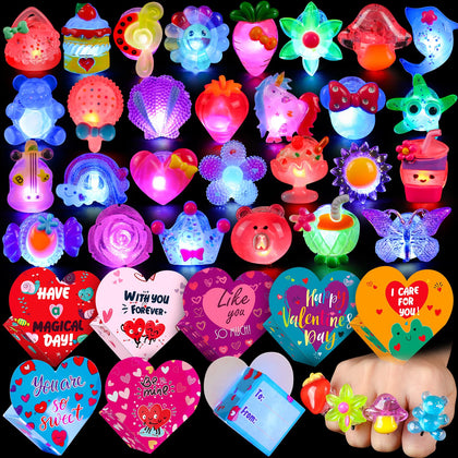 FLY2SKY 28Pcs Valentine's Day Gifts for Kid Valentine's Party Favors for Kids Valentine's Day Cards for Kids School Classroom Light Up Rings Gift Bag Fillers Valentine's Day Class Favors Exchange