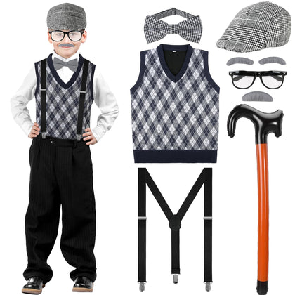 Cosrea Old Man Costume for Kids 100 Days of School Boys Grandpa Costume Vest Glasses Accessories Set