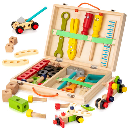 KIDWILL Tool Kit for Kids, 37 pcs Wooden Toddler Tools Set Includes Tool Box & Stickers, Montessori Educational STEM Construction Toys for 3 4 5 6 7 Years Old Boys Girls, Best Birthday Gift for Kids