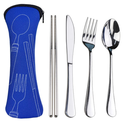 5PCS Portable Silverware Set with Case, Lengnoyp Travel Camping Utensils Set, Premium Stainless Steel Travel Cutlery Set, Reusable Safe Flatware Sets for Lunch Box/Workplace/Students, Silver