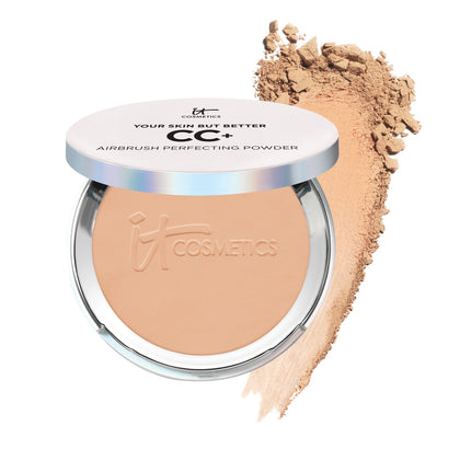 IT Cosmetics CC+ Airbrush Perfecting Powder Foundation - Buildable Full Coverage Of Pores & Dark Spots - Hydrating Face Makeup with Hydrolyzed Collagen & Niacinamide - Medium Tan - 0.33 Oz