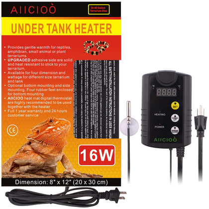 Aiicioo Under Tank Heater Thermostat - Reptile Heating Pad with Temperature Control Reptile Heat Mat for Combo Set for Hermit Crab Lizard Terrarium 16W