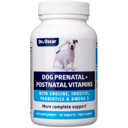 Dog Prenatal Vitamins. The Only Prenatal Vitamins for Dogs with Omega 3, Probiotics, Choline & Inositol, Key for Mother & Puppies. 2in1 Postnatal & Prenatal Dog Vitamins + Folic Acid 90 Tablets