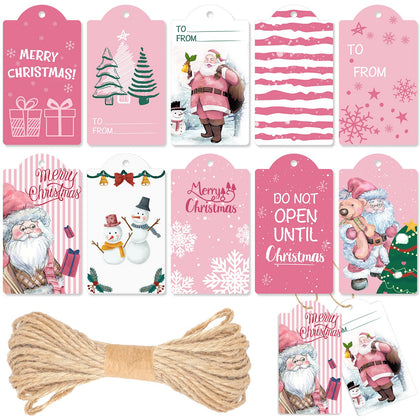 120 Pcs Pink Christmas Gift Tag Winter Paper Gift Tags Christmas Hanging Tags Labels with String for Christmas Holiday Party Gift Wrapping Xmas Decor, 10 Styles