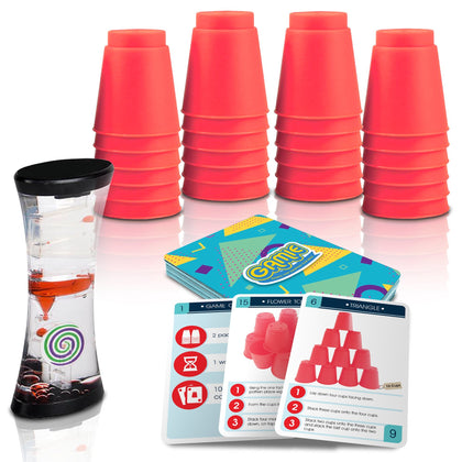 Gamie Stacking Cups Game with 18 Challenges and Water Timer, 24 Plastic Cups, Classic Family Game, Idea for Boys and Girls, Tons of Fun