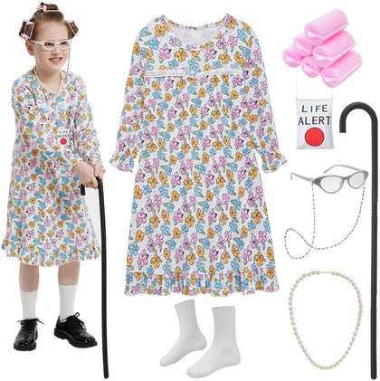 Z-Shop Old Lady Costume for Girls 100 Days of School Costume Grandma Granny Nightgown for Kids,1-6 Multicolor