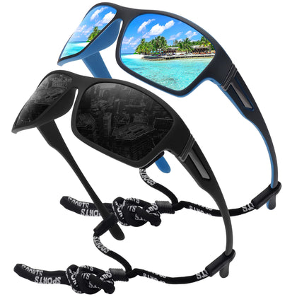 STORYCOAST Polarized Sports Sunglasses for Men Women Unbreakable Frame Cycling Fishing Driving Black+Blue Mirror 2Pack