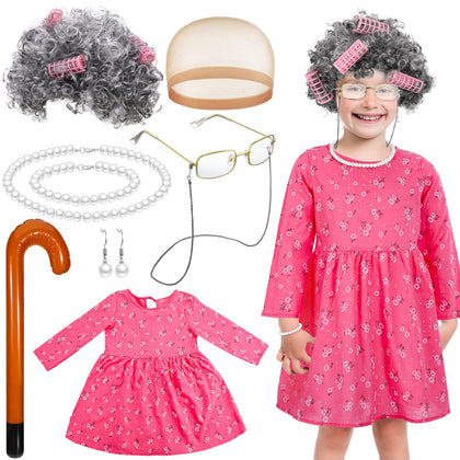 Yaomiao 8 Pcs Old Lady Costume Set for Girls 100th Day of School Toddler Old Grandma Costume Accessories for Girls 100 Days(5-6 Years, Elegant)