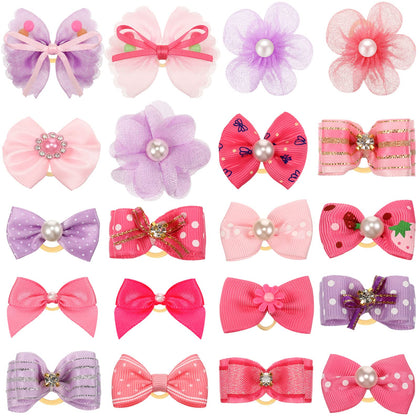20 Pcs Dog Hair Bows for Small Dogs Hair Accessories Puppy Hair Bows for Dogs Small Dog Bows Cute Grooming Bows with Rubber Bands Handmade Puppy Bows with Rhinestones Pearls for Puppy PET Dog