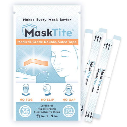 MaskTite - Face Mask Tape, No Fogging Glasses. No Slipping Masks. No Gaps. Made in USA. Gentle, Medical-Grade, Hypoallergenic, Latex Free, Double-Sided Tape 36 Precut Strips. Works with Any Mask.