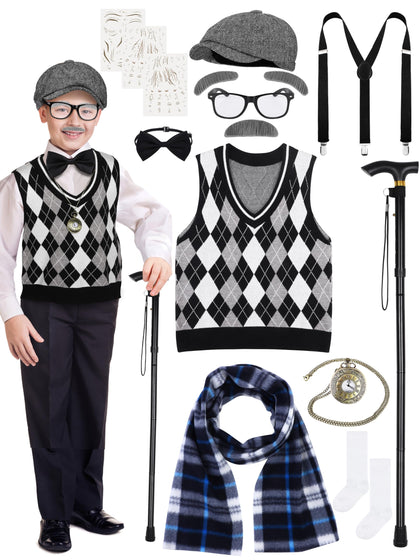 SOMSOC 15 Pcs Kids 100 Days of School Costume for Boys Pretend to be Grandpa Costume Old Man Accessories for Cosplay School