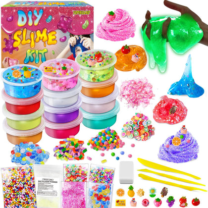 12 Cups DIY Slime Kit, Slime Making Kit for Girls 10-12, Crystal Clear Slime, Glow in The Dark Slime with Add-ins, Foam Balls, Charms, Slime Party Favors Gift Toys for Kids
