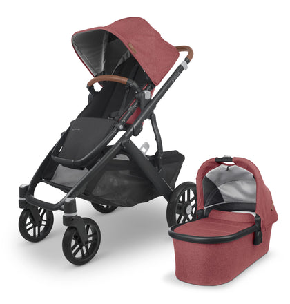 UPPAbaby Vista V2 Stroller/Convertible Single-to-Double System/Bassinet, Toddler Seat, Bug Shield, Rain Shield, and Storage Bag Included/Lucy (Rosewood Mélange/Carbon Frame/Saddle Leather)