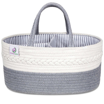 Kiddycare Woven Diaper Caddy Basket with Handle Lid - Diaper Caddy Basket with Dividers for Baby Boy/Girl, Diaper Tote Bag for Bady Storage for Car -  Baskets for Baby Nursery Canvas Diaper Caddy Grey
