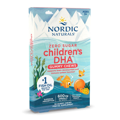 Nordic Naturals Zero Sugar Childrens DHA Gummy Chews, Tropical Punch - 30 Gummy Chews for Kids - 600 mg Total Omega-3s - Brain Development, Learning, Healthy Immunity - Non-GMO - 30 Servings