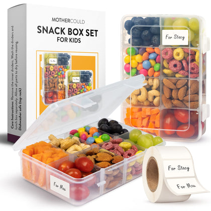 Mothercould Snack Box Set for Kids - 8 Compartments, Reusable Snack Solution with 100 Dissolvable Labels | Easy to Clean, Dishwasher Safe, BPA-Free, Food Grade, Durable and Secure Design (2 Pack)