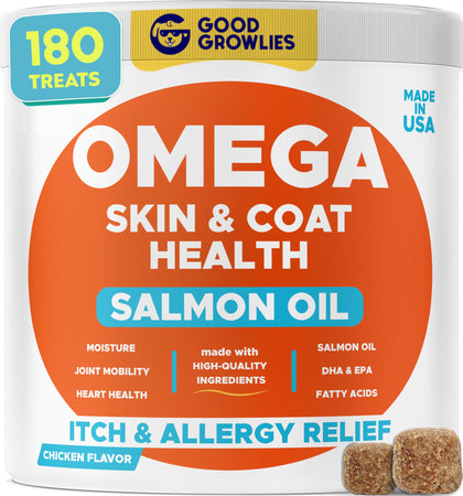 Omega 3 Fish Oil for Dogs (180 Ct) - Skin & Coat Chews - Dry & Itchy Skin Relief + Allergy Support - Shiny Coats - EPA&DHA Fatty Acids - Natural Salmon Oil Chews Promotes Heart, Hip & Joint Support