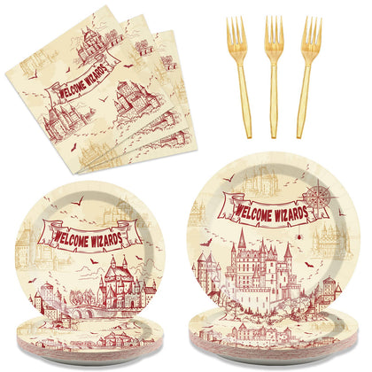 chiazllta 96 Pcs Wizard Party Paper Plate and Napkins Magical Wizard Tableware Wizard Theme Party Plates Vintage Castle Birthday Plates and Welcome Wizard Napkins Plates for Party Favors 24 Guests