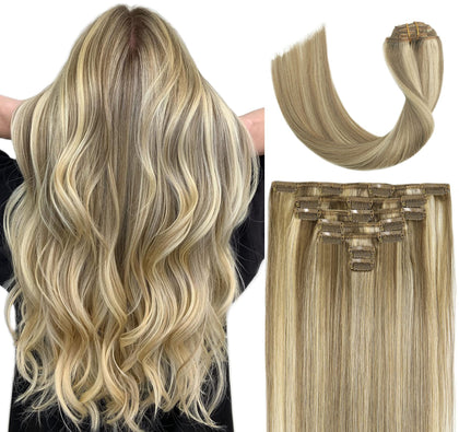 Clip in Hair Extensions Blonde Highlighted Human Hair Balayage Hair Extensions Mixed Bleach Blonde 15 inch 70g Fine Hair Full Head Silky Straight 100% Human Hair Clip In Extensions