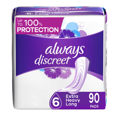 Always Discreet Adult Extra Heavy Long Incontinence Pads, Up to 100% Leak-Free Protection, 45 Count x 2 Packs (90 Count total)
