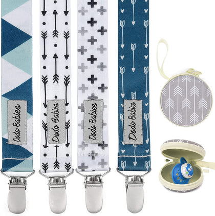 Dodo Babies Pacifier Clip Set - Four Clips Plus Binky Case - Universal Holder Fits Most Paci Brands, Teether Toys and Car Seats - Blue and Teal Prints for Girls or Boys