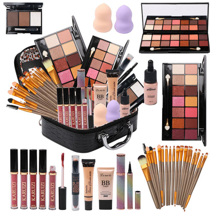 MTDXILTAI All in One Makeup Kit for Makeup storage bag 2X14 Colors Eyeshadow Palette Liquid Foundation Eyeliner Pencils Contouring Stick Lip Gloss Eyebrow Pencils 20Pcs Makeup Brushes etc For Women Girls Teens (Black)