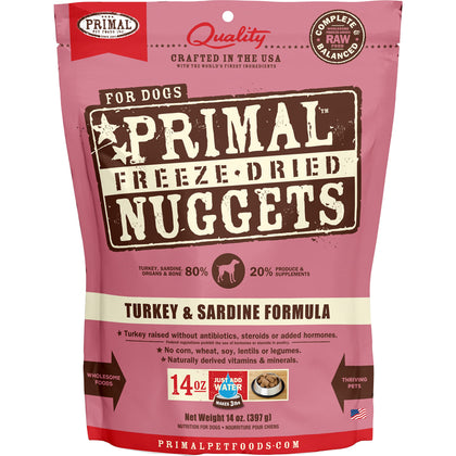 Primal Freeze Dried Dog Food Nuggets Turkey & Sardine, Complete & Balanced Scoop & Serve Healthy Grain Free Raw Dog Food, Crafted in The USA, 14 oz