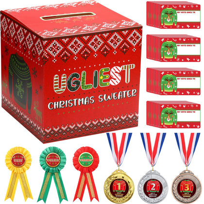 67 Pcs Xmas Ugly Sweater Game Sets Ugly Sweater Contest Voting Box 60 Ballot Cards 3 Award Ribbons and 3 Medals for Ugliest Sweater Contest Party Supplies