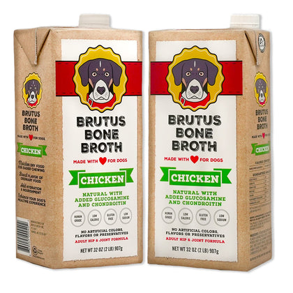Brutus Chicken Broth for Dogs - All Natural Chicken Bone Broth for Dogs with Chondroitin Glucosamine Turmeric -Human Grade Dog Food Toppers for Picky Eaters & Dry Food -Tasty & Nutritious- Pack of 2