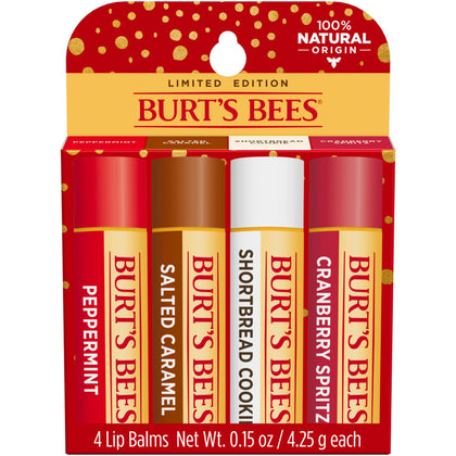 Burt's Bees Christmas Gifts, 4 Lip Balms Stocking Stuffers Products, Festive Fix Set - Peppermint, Salted Caramel, Cranberry Spritz & Shortbread Cookie (4-Pack)