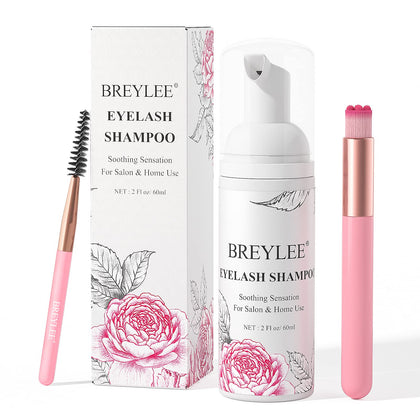 BREYLEE Eyelash Extension Cleanser, Eyelash Extension Shampoo Eyelash Extension Foam & Brushes Eyelid Cleanser for Makeup Remover Paraben & Sulfate Free for Salon and Home Use(60ml, 2 fl oz)