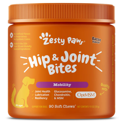 Zesty Paws Mobility Bites Dog Joint Supplement - Hip and Joint Chews for Dogs - Pet Products with Glucosamine, Chondroitin, & MSM + Vitamins C and E for Dog Joint Relief - Bacon - 90 Count