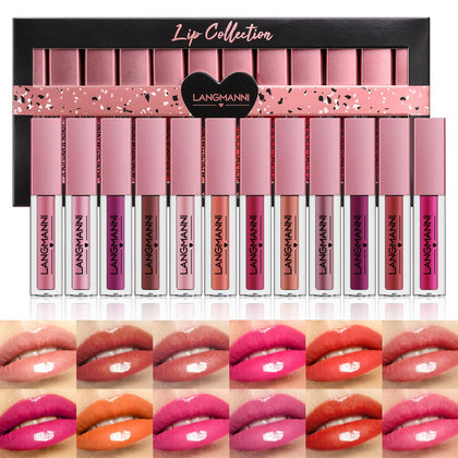 LANGMANNI 12Pcs Lip gloss Collection Makeup Set, Shiny Smooth Soft Liquid Lip Glosses Lip Stain With Rich Varied Colors For Girls And Women Makeup (Set A)