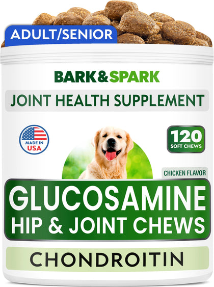 Bark&Spark Glucosamine Chondroitin Dog Hip & Joint Supplement - Joint Pain Relief - Hip & Joint Chews - Joint Support Large Small Breed - Senior Doggie Vitamin Pill Joint Health (120 Treats - Chicken)