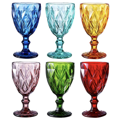 WHOLE HOUSEWARES | Multi Colored Glass Drinkware Set | Vintage Drinking Cups | 9.5oz Water Glasses | Set of 6 | For Wedding or Parties | Blue, Amber, Red, Pink, and Green (Glass Goblet)