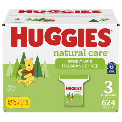 Huggies Natural Care Sensitive Baby Wipes, Hypoallergenic, 99% Purified Water, 3 Refill Packs (624 Wipes Total) packaging may vary