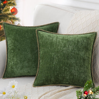 decorUhome Christmas Chenille Soft Throw Pillow Covers 18x18 Set of 2, Farmhouse Velvet Pillow Covers, Decorative Square Pillow Covers with Stitched Edge for Couch Sofa Bed, Forest Elf
