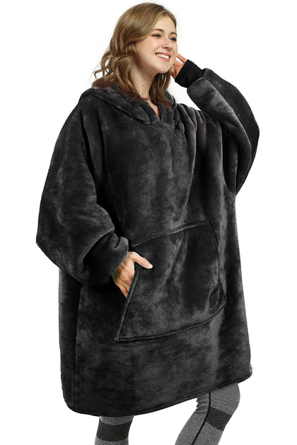 Catalonia Oversized Wearable Blanket Hoodie Sweatshirt, Comfortable Sherpa Lounging Pullover for Adults Men Women Teenagers Wife Girlfriend Gift Black