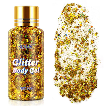 Gold Body Glitter Gel, Holographic Mermaid Sequins Glitter for Body, Face, Eye, Hair, Lip, Nail, Concerts, Party, Festival, Makeup, DIY Art, Long Lasting Waterproof