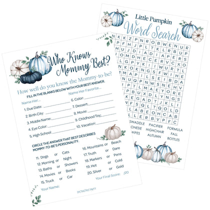 Blue Little Pumpkin Baby Shower Party Games - Who Knows Mommy Best and Word Search (2 Activity Game Bundle) - Set of 20 Player Cards