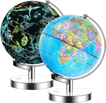Exerz Illuminated World Globe 9.1-inch Diameter Metal Base - Political Map (Day) Constellation Globe (Night) - 2 in 1 Light up Cable Free LED lamp