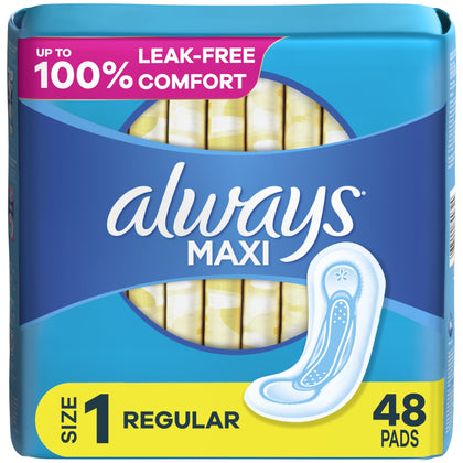 Always Maxi Feminine Pads For Women, Size 1 Regular Absorbency, Without Wings, Unscented, 48 Count