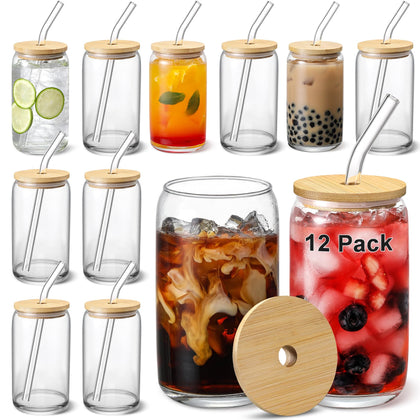 [ 12pcs Set ] Glass Cups with Bamboo Lids and Glass Straw - Beer Can Shaped 16 oz Iced Coffee Drinking Glasses, Cute Tumbler Cup for Smoothie, Boba Tea, Whiskey, Water - 4 Cleaning Brushes